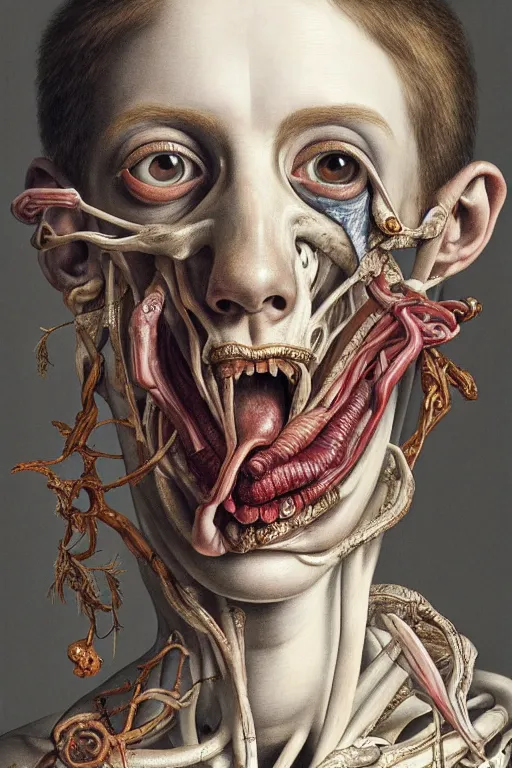 Image similar to Detailed maximalist portrait of a greek god with large lips and eyes, scared expression, botanical anatomy, skeletal with extra fleshy limbs, HD mixed media, 3D collage, highly detailed and intricate, surreal illustration in the style of Jenny Saville, dark art, baroque, centred in image