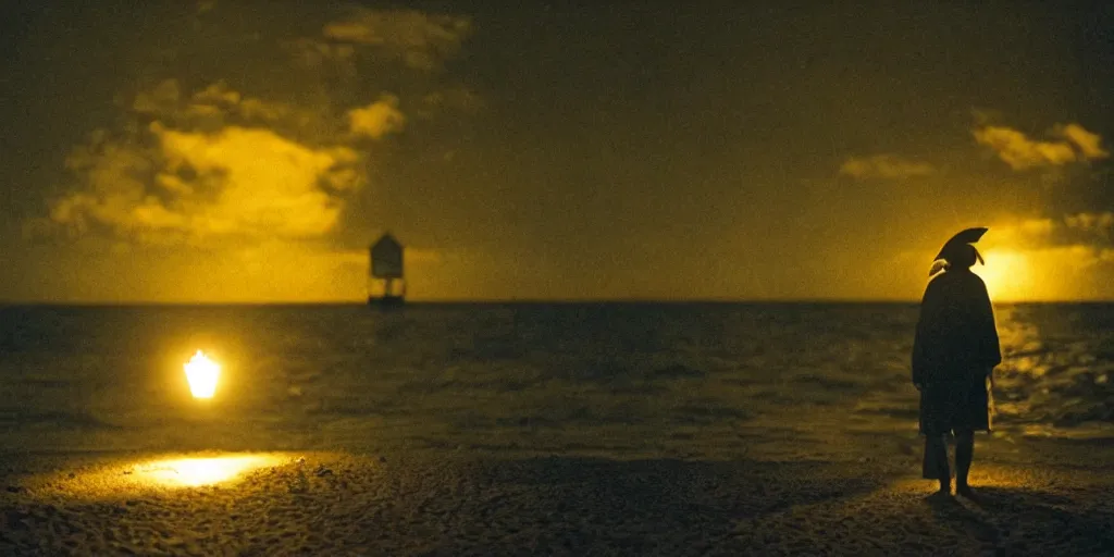 Image similar to film still of closeup old man holding up lantern by his beach hut at night. pirate ship in the ocean by emmanuel lubezki