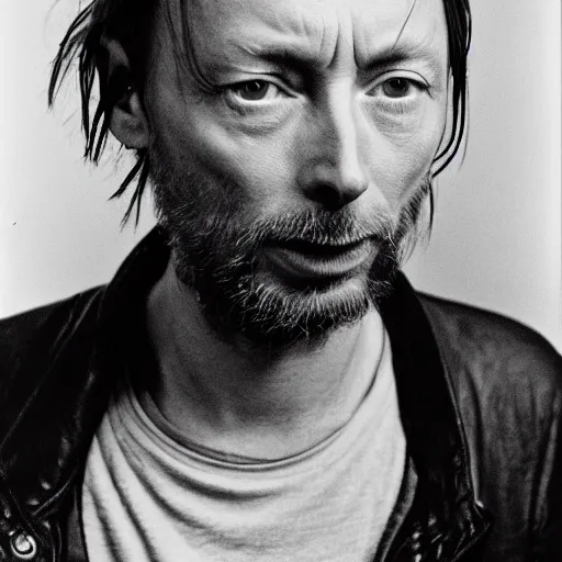 Prompt: Thom Yorke singer songwriter 1995, a photo by Colin Greenwood, ultrafine detail, chiaroscuro, private press, associated press photo, angelic photograph, masterpiece