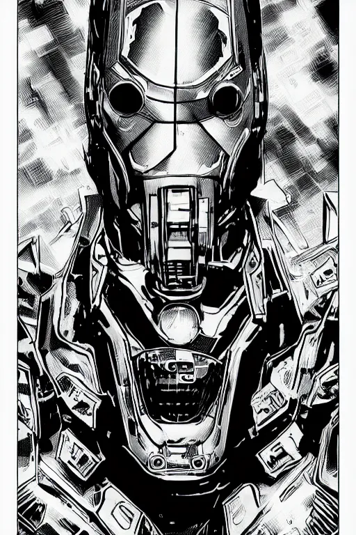 Image similar to ultron, a page from cyberpunk 2 0 2 0, style of paolo parente, style of mike jackson, adam smasher, johnny silverhand, 1 9 9 0 s comic book style, white background, ink drawing, black and white