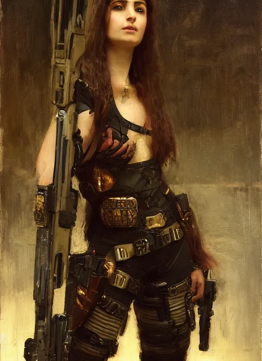 Image similar to Maria. beautiful cyberpunk mercenary wearing military vest. Iranian orientalist portrait by john william waterhouse and Edwin Longsden Long and Theodore Ralli and Nasreddine Dinet, oil on canvas. Cinematic, hyper realism, dramatic lighting, high detail 4k