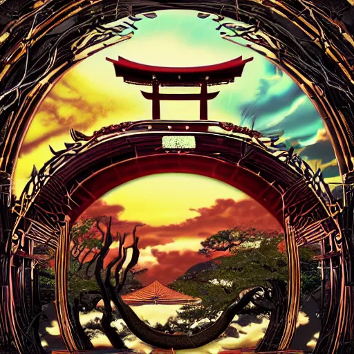 Prompt: infinite majestic shinto shrine portal, dark gate, magic door, pyromancer mage : : 1 full of colorpalette rippled layers, clouds, vines, swirls, curves, ultra fine detail, swirling clouds, artstation trending, art nouveau, raytracing, highly detailed, magic art nouveau rococo architecture