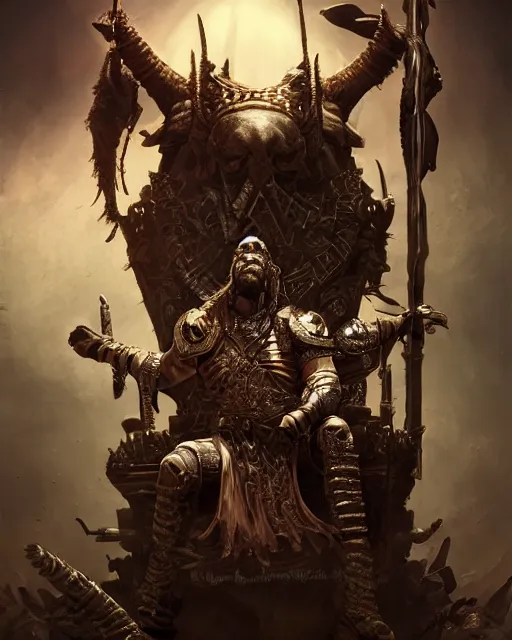 Image similar to warlord with camel head, on skull throne, magic the gathering artwork, D&D, fantasy, cinematic lighting, centered, symmetrical, highly detailed, digital painting, artstation, concept art, smooth, sharp focus, illustration, volumetric lighting, epic Composition, 8k, art by Akihiko Yoshida and Greg Rutkowski and Craig Mullins, heroic pose, oil painting, cgsociety, Battlefield background, explosions, arrows