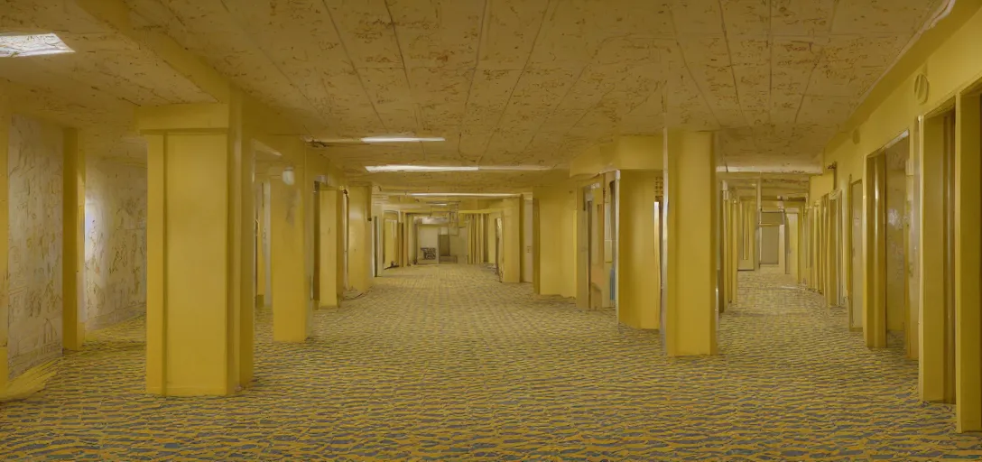 Image similar to a dream like picture of an endless complex of hallways with yellowed wallpaper, yellow moist carpet, and fluorescent lights in the ceiling,