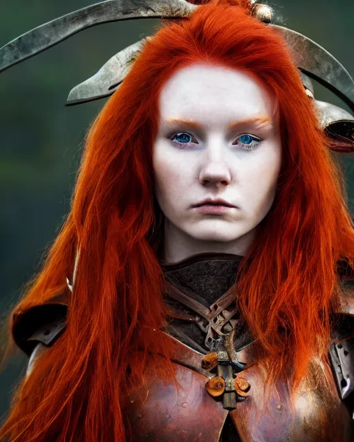 Image similar to north adult female warrior, red hair, ginger hair, long hair, fantasy, female Viking, high detailed, photography, cloudy, lightweight leather armour, Scandinavia, plain, detailed face, beautiful face, beautiful girl, look into the distance, professional model, glowing skin, serious face, full body,in full growth, professional photographer, masterpiece, 50 mm, 8k, 3D