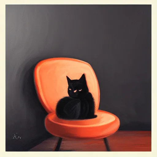 Prompt: black cat resting between orange cushions, portrait, trending on artstation