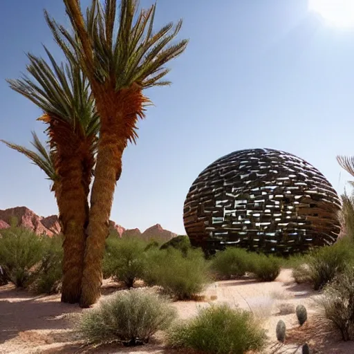 Image similar to biophilia architecture in the desert, plants, oasis