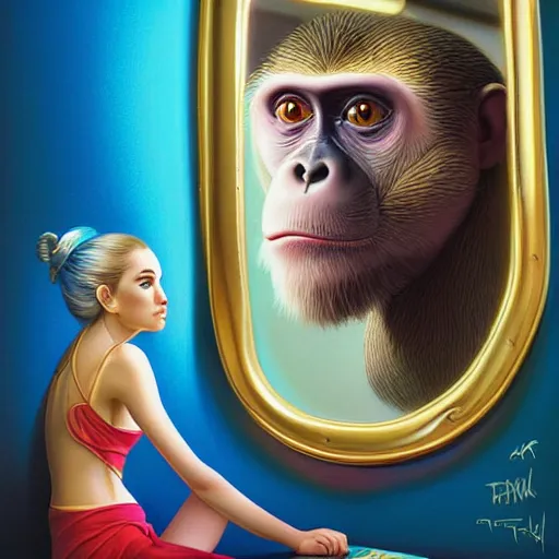 Image similar to lofi monkey in front of a mirror reflecting the expression of a human face, Pixar style by Tristan Eaton Stanley Artgerm and Tom Bagshaw, high detail