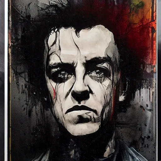 Image similar to stunning portrait of gaunt joe strummer a ( the cure fan ) as dream from sandman, dim stars as eyes, by jeremy mann, by cedric peyravernay, by by russ mills, by richard avedon and ben templesmith, dramatic lightning, sadness, dark eye sockets, in the shadows, punk rock, gothic, high detailed, 8 k