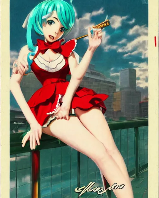 Image similar to Hatsune Miku full body pin up modeling in idol unioform, with a park in the back ground, post war style, detailed face, american postcard art style, by Gil Elvgren and Julie Bell