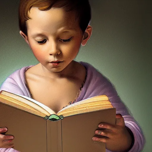 Prompt: hyperrealistic hyperdetailed half-lenght portrait of child, reading an elaborated illustrated book. in the style of Michelangelo. amazing textures. HD 8x no frame