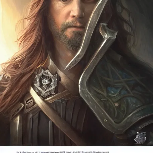 Prompt: stellan skarsgard posing with long hair and beard, black armor, sword, d & d, fantasy, intricate, elegant, highly detailed, digital painting, artstation, concept art, matte, sharp focus, illustration, hearthstone, art by artgerm and greg rutkowski and alphonse mucha