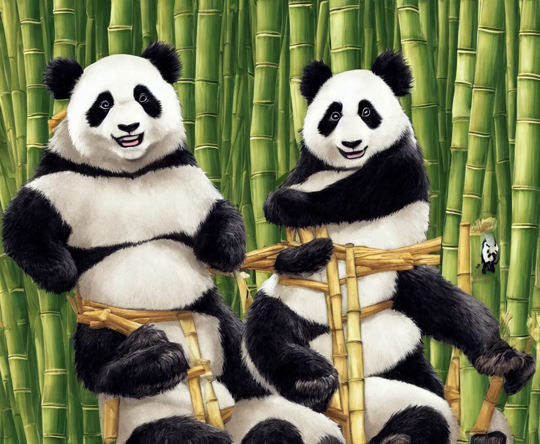 Prompt: anime panda sitting on a bamboo throne, game of thrones