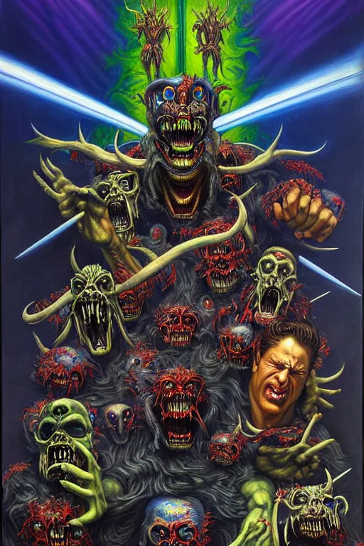 Prompt: a hyperrealistic painting of an epic boss fight against an ornate supreme dark overlord, cinematic horror by the art of skinner, chris cunningham, lisa frank, richard corben, highly detailed, vivid color,