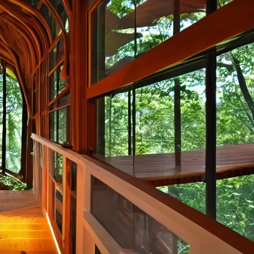 Prompt: interior of an epic treehouse. modern design, window viewing forest canopy, wooden bridge