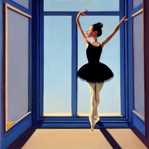 Image similar to artwork portrait painting of a ballet dancer in a black tutu standing in front of a window showing a perfect blue sky by jack vettriano h 6 4 0