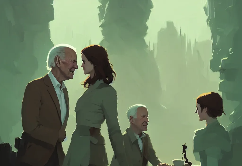 Prompt: portrait of joe biden and emma watson, fantasy, by atey ghailan, by greg rutkowski, by greg tocchini, by james gilleard, by joe gb fenton, dynamic lighting, gradient light green, brown, blonde cream, salad and white colors in scheme, grunge aesthetic