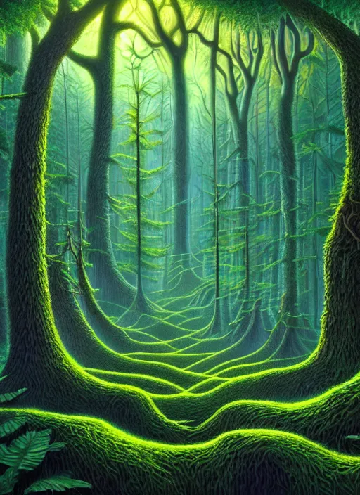 Prompt: lush forest, high detail, 4 k, surrealism style by john alex grey, artstation