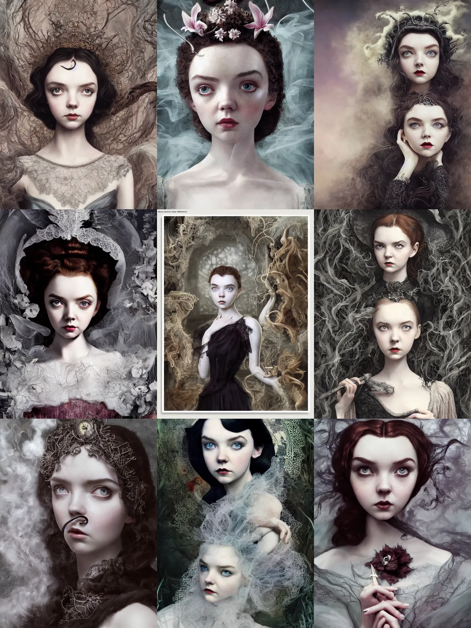 Prompt: a mix of of lily cole, anya taylor - joy and audry hepburn, evil sorceress witch, victorian manor, hyperrealism, octane render, extremely detailed, intricate smoke magic, lace, style of mark ryden, earl nore, hyung tae, frank frazetta