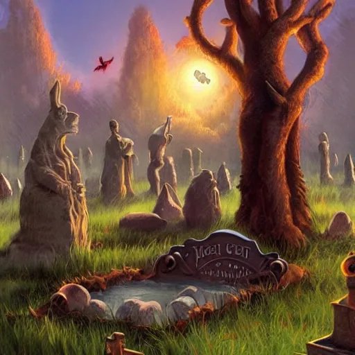 Prompt: pet cemetery, digital art, vintage pulp art, Darrell K Sweet, artstation