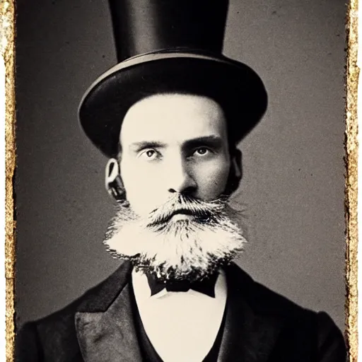 Image similar to A photograph portrait of Jerma985 in the mid-late 1800s with a top hat and beard, taken in the mid-late 1800s, grainy, taken on a Field View Camera, realistic, hyperrealistic, very realistic, highly detailed, very detailed, extremely detailed, detailed, digital art, trending on artstation