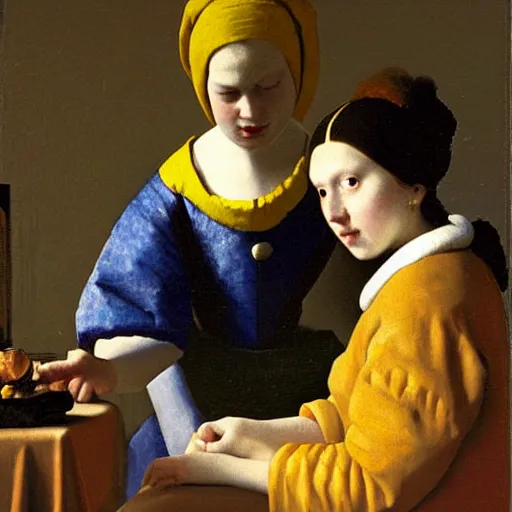 Image similar to Pearl with a girl by Vermeer, oil-painting, masterpiece