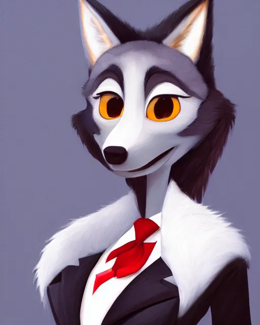 Image similar to oil painting of anthromorphic female wolf, in style of cory loftis, fursona, furry, furaffinity, 4 k, deviantart, furry art, fursona art, wearing black business suit, business suit, in style of zootopia, wolf fursona, cyberpunk, female, very very very expressive detailed feminine face,