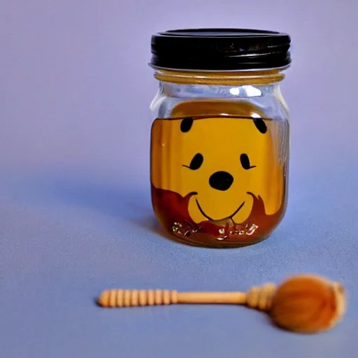 Prompt: a tiny winnie the pooh head = a jar of honey, surreal, realism