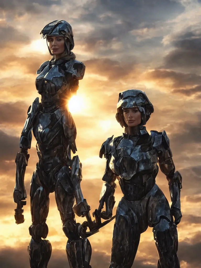 Image similar to emily blunt in futuristic power armor, by herself, holding a sword on her shoulder, standing atop a pile of rubble, sunset and big clouds behind her