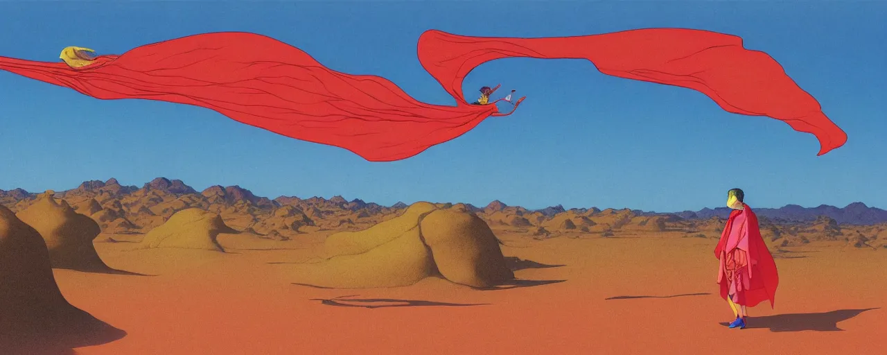 Prompt: a colorful vibrant wide shot of a woman wearing and endless ribboning cape floating above the desert, by kawase hasui, moebius, Edward Hopper and James Gilleard, Steven Outram colorful flat surreal design, hd, 8k, artstation