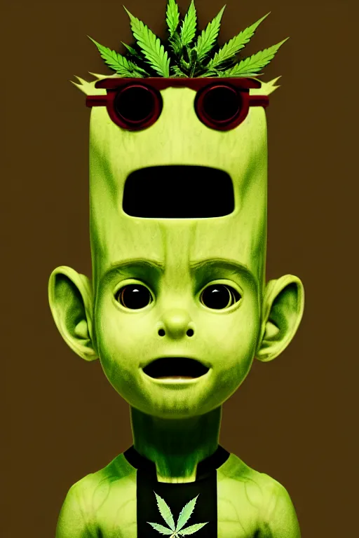 Image similar to duotone concept illustration 3 / 4 portrait of kid face consisting of marijuana, baby groot, cannabis!, high quality 3 d render very cute cyborg weed! incorporated speakers!, cyberpunk highly detailed, unreal engine cinematic smooth, in the style of blade runner & detective pikachu, hannah yata charlie immer, moody light, low angle, uhd 8 k, sharp focus