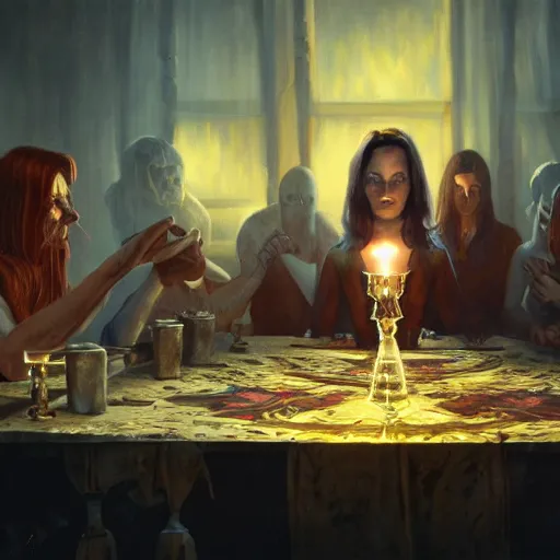 Image similar to Seance table, Hyper-realistic, 4K, Highly Detailed, HD, Dramatic Lighting by Brom, golden hour, trending on Artstation