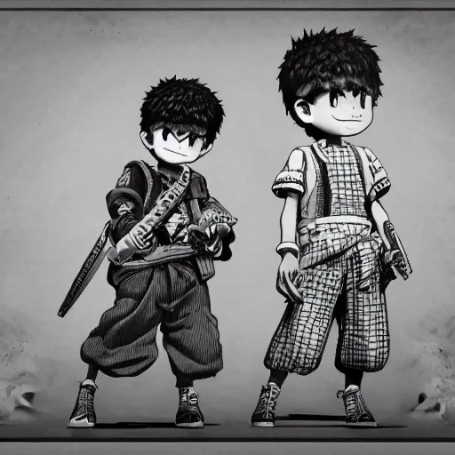 Image similar to rpg character concept art, twin brothers being cute and gangsta, intricate detail, in the style of jamie hewlett kawase hasui riyoko ikeda, 3 d render, artstation trending, 8 k, octane render, photorealistic, sharp detail, manga, black and white