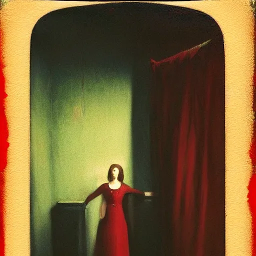 Image similar to an elegant girl in a liminal abandoned room, red and gold, old polaroid by goya, by hopper, digital painting, jugendstil, art noveau, strong lights, flat colors, pastel colors,