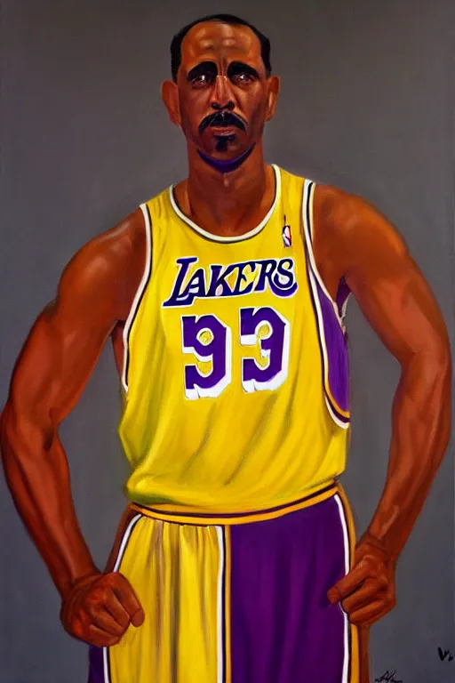 Image similar to full body portrait of the dictator of the los angeles lakers, 1 9 5 5, in full military garb, oil on canvas by william sidney mount, trending on artstation