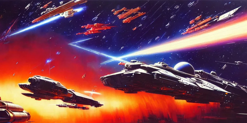 Image similar to a beautiful space battle, lightning, angry, kinetic, ralph mcquarrie, jama jurabaev, syd mead, john berkey, robert mccall trending on artstation, highly detailed oil painting