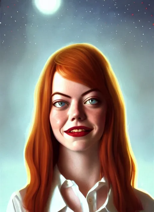 Prompt: portrait of teenage emma stone, long haircut, flowing ginger hair, white shirt, red tie, smiling kindly, soviet house at background, 1 9 8 0 s, intricate, elegant, glowing lights, highly detailed, digital painting, artstation, concept art, smooth, sharp focus, illustration, art by wlop, mars ravelo and greg rutkowski