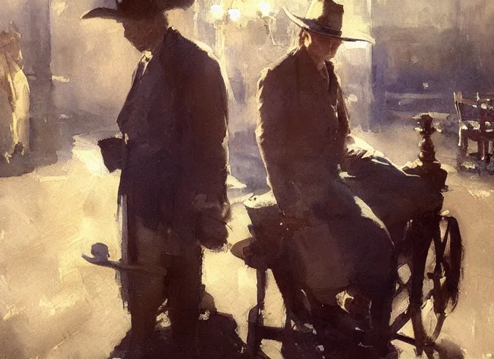 Image similar to oil watercolor painting of young guy in western bar, mysterious light, art by anders zorn, wonderful masterpiece by greg rutkowski, beautiful cinematic light, american romanticism by greg manchess, creation by tyler edlin