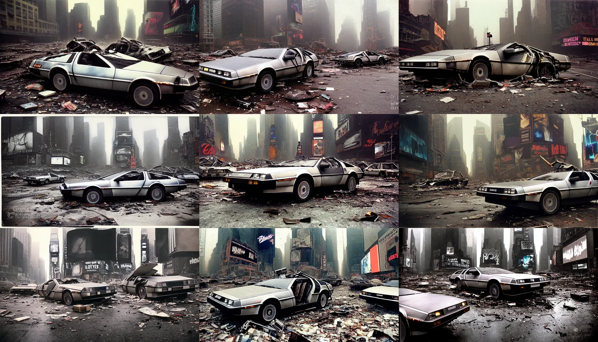 Prompt: faded photographs of delorean in postapocalyptic abandoned destroyed times square, wrecked buildings, destroyed flipped wrecked cars, darkness, polaroid photo, vintage, 1 9 8 5, neutral colors, rainy day, by gregory crewdson