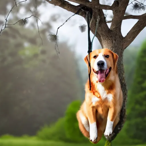 Image similar to an extremely happy dog is hanging by wires from a tree, 4 k, realistic