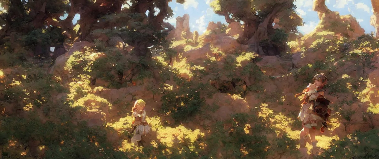 Image similar to cute anime landscape painting by gaston bussiere, craig mullins, j. c. leyendecker