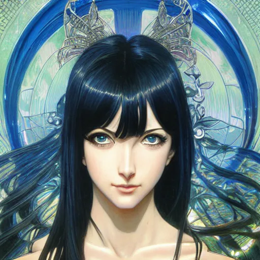 Image similar to intricately detailed vfx portrait of nico robin by eiichiro oda!, makoto shinkai, alphonse mucha, art by artgerm and greg rutkowski!, blue eyes!!, large aquiline nose!!, best of behance, concept art, matte, sharp focus, adolphe bouguereau, annie leibovitz, stanley kubrick,