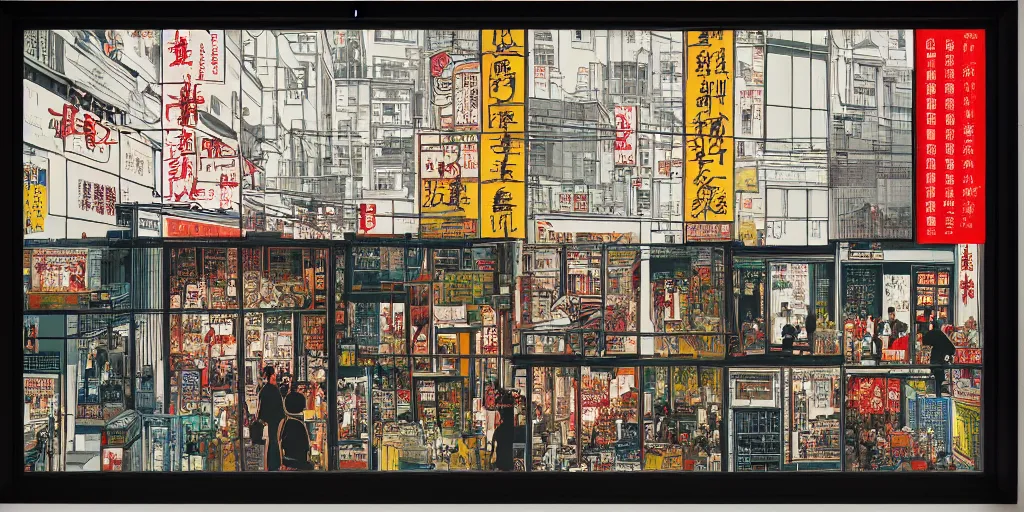 Image similar to through the window is a shop window in hong kong, by dan mumford and peter doig and edward hopper, minimal, black ink, thick lines, minimal highly detailed, muted colours, overlaid with chinese adverts, 8 k