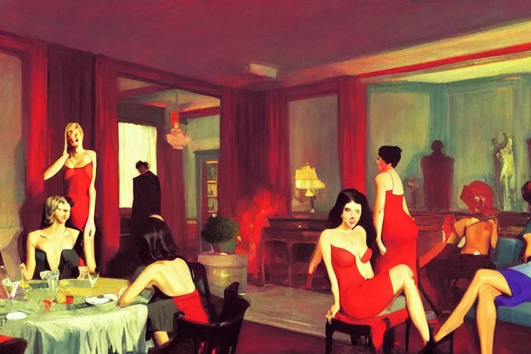 Image similar to party at the playboy mansion, painting by edward hopper and eric fischl and robert mcginnis