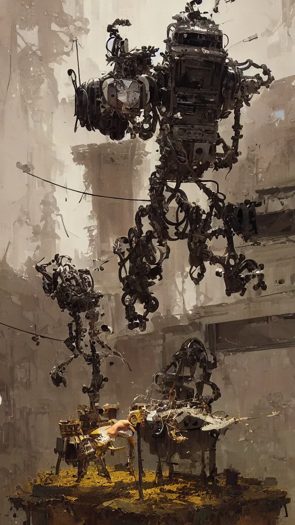 Image similar to robot painting a robot on canvas, intricate, highly detailed, photorealistic, film still, by carl spitzweg, ismail inceoglu, vdragan bibin, hans thoma, greg rutkowski, alexandros pyromallis, huang guangjian and gil elvgren and sachin teng