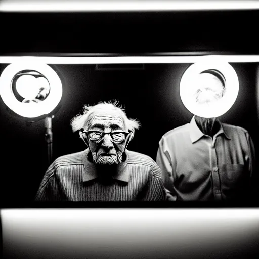 Prompt: photography of old people with highly detailed faces raving in retirement home.Dark room with neon light in style of Alexis Dibiasio.