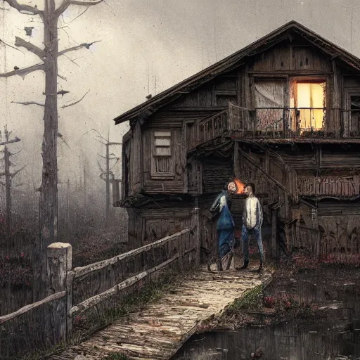 Image similar to two husbands leave each other inside broken wooden house, detailed intricate ink illustration, dark atmosphere, detailed illustration, hd, 4k, digital art, overdetailed art, concept art, by greg rutkowski, by loish, complementing colors, Trending on artstation, deviantart