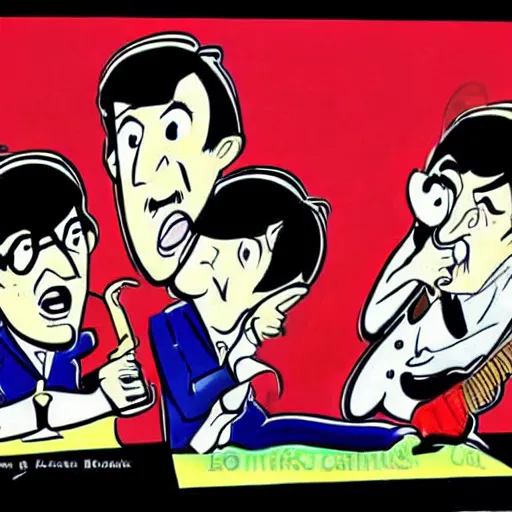 Prompt: cartoon by bob clampett about the beatles, vintage black and white film, 1 9 6 0 s