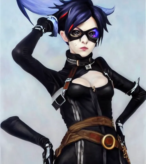 prompthunt: oil painting of tracer overwatch in a field wearing large  leather belt choker around neck, in style of mark arian, expressive face,  detailed face, detailed eyes, full body, feminine face, tracer