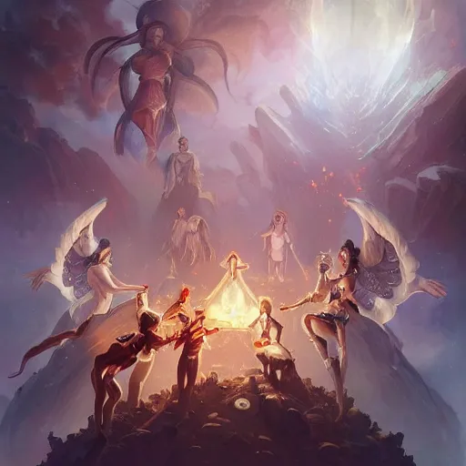 Image similar to angelical time keepers performing a ritual of planetary sacrifice, emotional, fantastic, stars, detailed, digital art, artstation by peter mohrbacher and artgerm, league of legends splash art